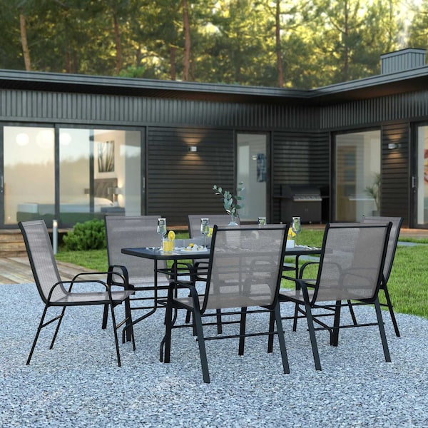 Flash Furniture 7PC Patio Set-55" Glass Table, 6 Gray Chairs TLH-089REC-303CGY6-GG - main